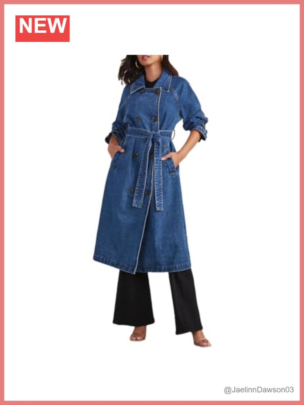 Cotton Denim Trench Coat Double Breasted Over Knee Jean Jacket